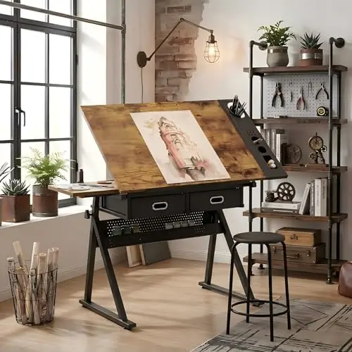 Adjustable Drawing Table with Stool, 2 Drawer Drafting Desk for Artists, Tiltable Tabletop for Home Office, School & view 6