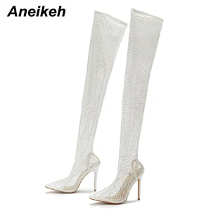 Aneikeh-Sexy Bling Rhinestone Mesh Shoes for Women, Above the Knee, Potted Finger Sandals, High Heel, Women's Boat, 2024 8 Main sales boot brightness - №8