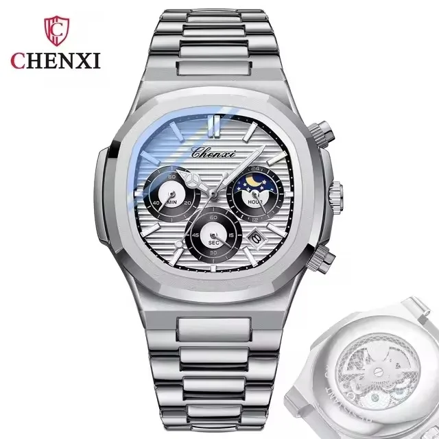 CHENXI 0092 ساعات كوارتز موضة الأعمال عادية مضيئة القمر المرحلة كرونوغراف مقاوم للماء للرجل ساعة هدية عيد ميلاد