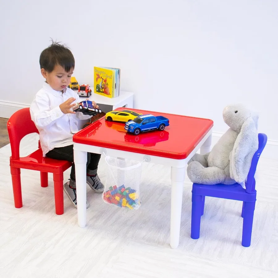 Humble Crew White Blue Red 2-in-1 Plastic Building Blocks-Compatible Activity Table and 2 Chairs Set Square Toddler