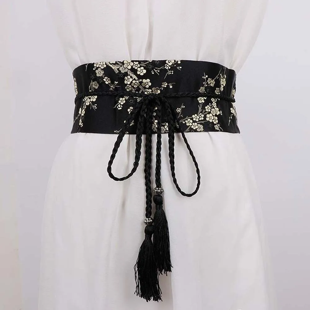 Wide Style Embroidery Corset Retro-pattern Soft Fabric Hanfu Waistband Jacquard Tie-closure Ethnic Girdle Cosplay Wear