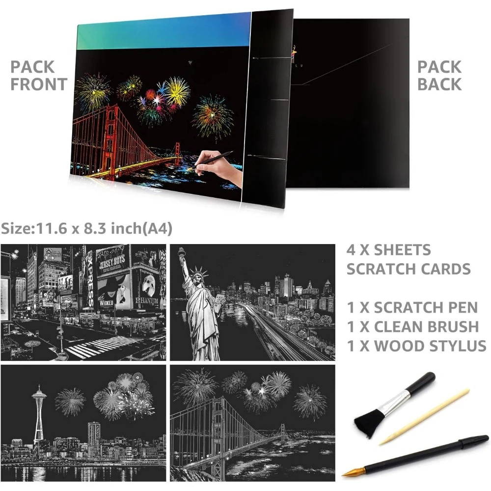 청소년과 성인을 위한 스크래치 및 스케치 아트, 레인보우 나이트씬 스크래쳐(A4), 스크래치 카드 4개 및 드로잉 펜