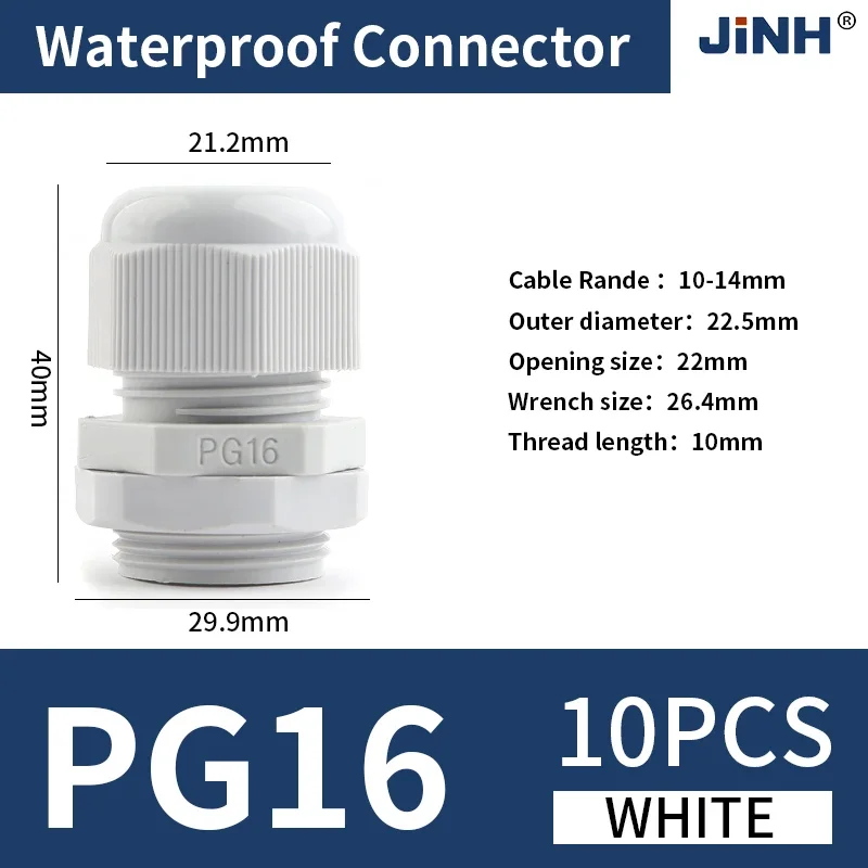 JINH White/Black PG Series 10pcs Waterproof Cable Gland IP68 Nylon Plastic Connector for 4-8mm Cable Entry PG9