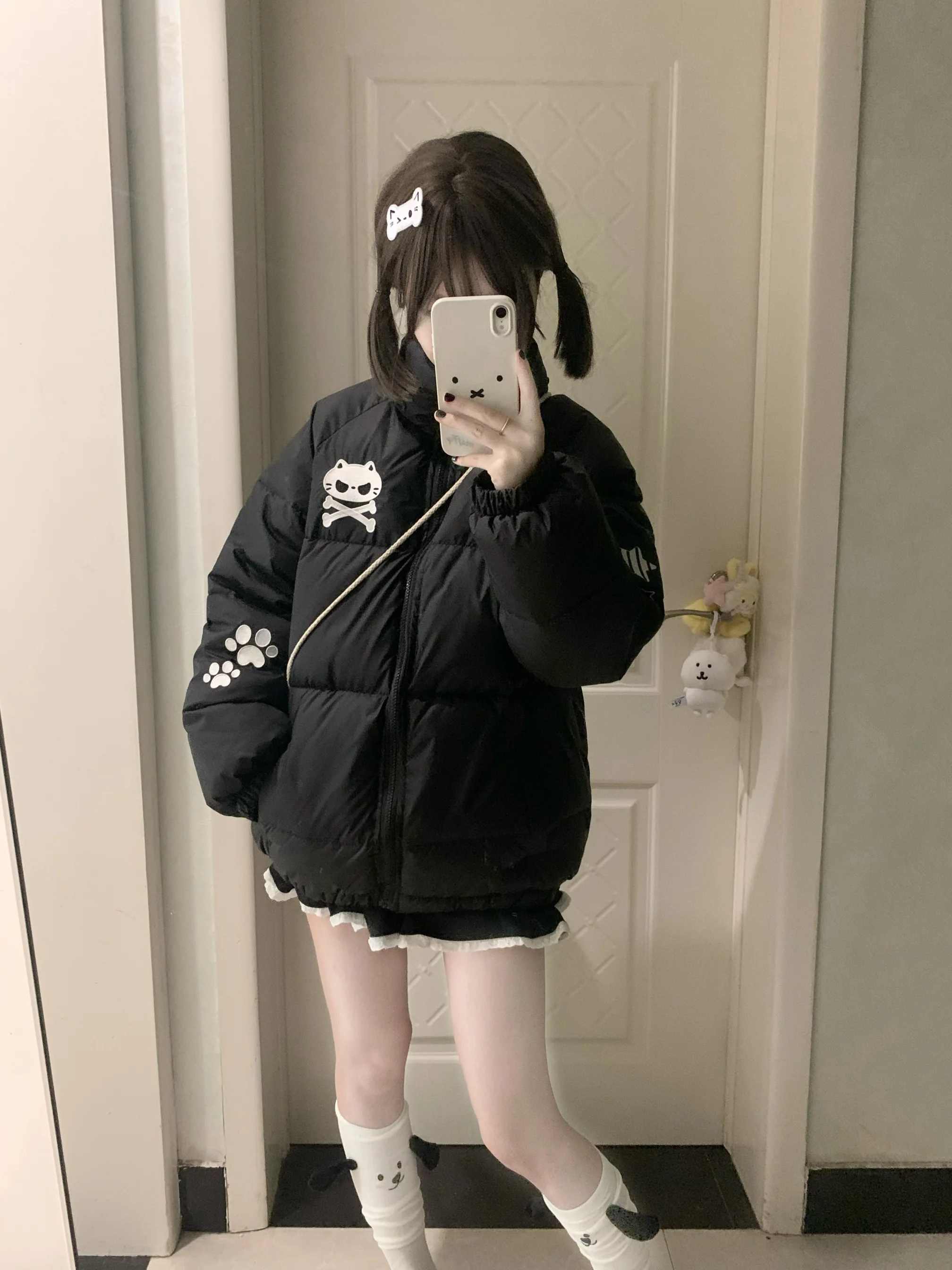 Original Japanese Style Black Parkas Warm Thickened Letter Embroidery Student Y2k Down Jacket Womens Cotton-padded Coat Winter