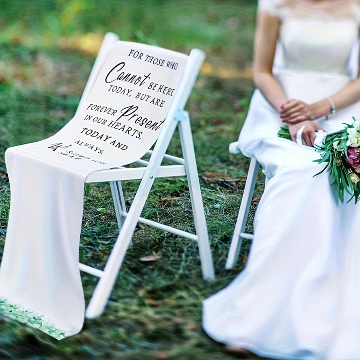 1 Stück Polyester Gedenk-Hochzeitsbanner Eukalyptus-Druck Stuhlschleife für Hochzeitszeremonie Gedenkstuhl-Dekoration – Detail 5