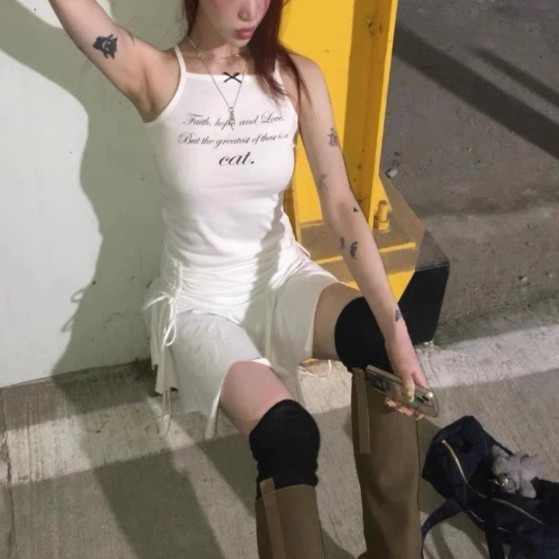 

Deeptown Korean Style Sexy Tanks Women Coquette Fashion Letter Print Bow Corset Vintage Y2k White Slim Cropped Tops Streetwear
