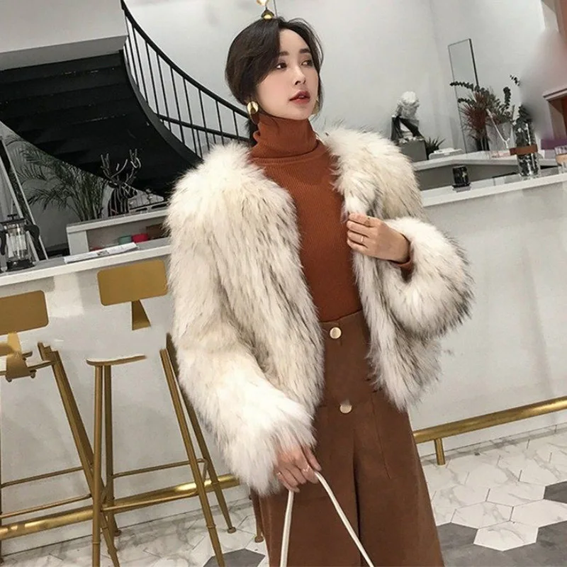 Women's fur coat female imitation raccoon hair fox hair short round neck thin fall and winter fashion young fur coat comfortable