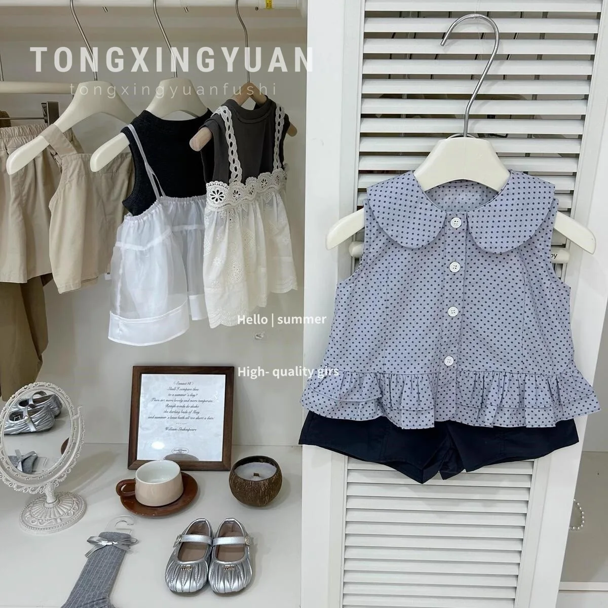 

Girls' Summer New Polka Dot Doll Shirt Top Blue and Gray Shorts Two-piece Set Sweet Baby Suit Girls Set