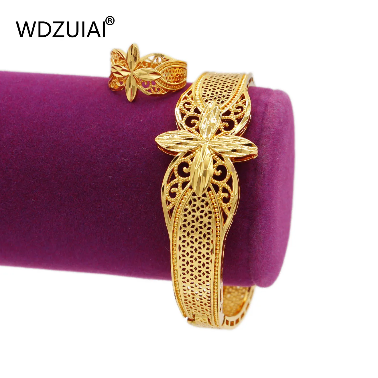 WDZUIAI Dubai Cuff Bracelet and Ring Spain Middle East Women Lady Wedding Jewelry Party Charm Bangle Lovers' Anniversary Gift