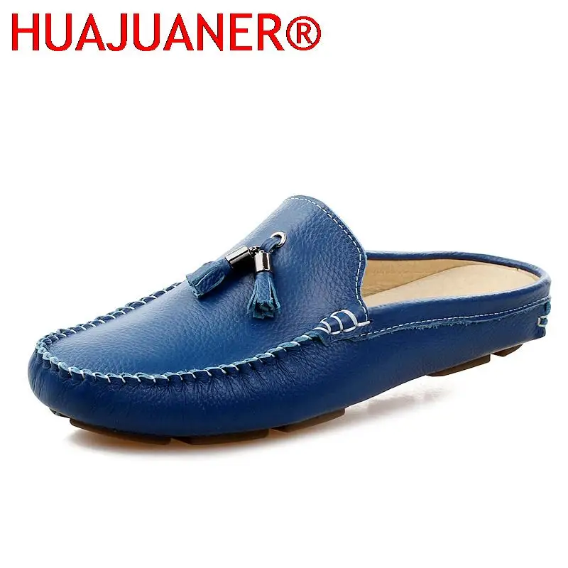 

Summer Slippers Men's Shoes Casual Half Shoes For Men Genuine Leather Half Drag Slip on Loafers Breathable Tassel Driving Flats