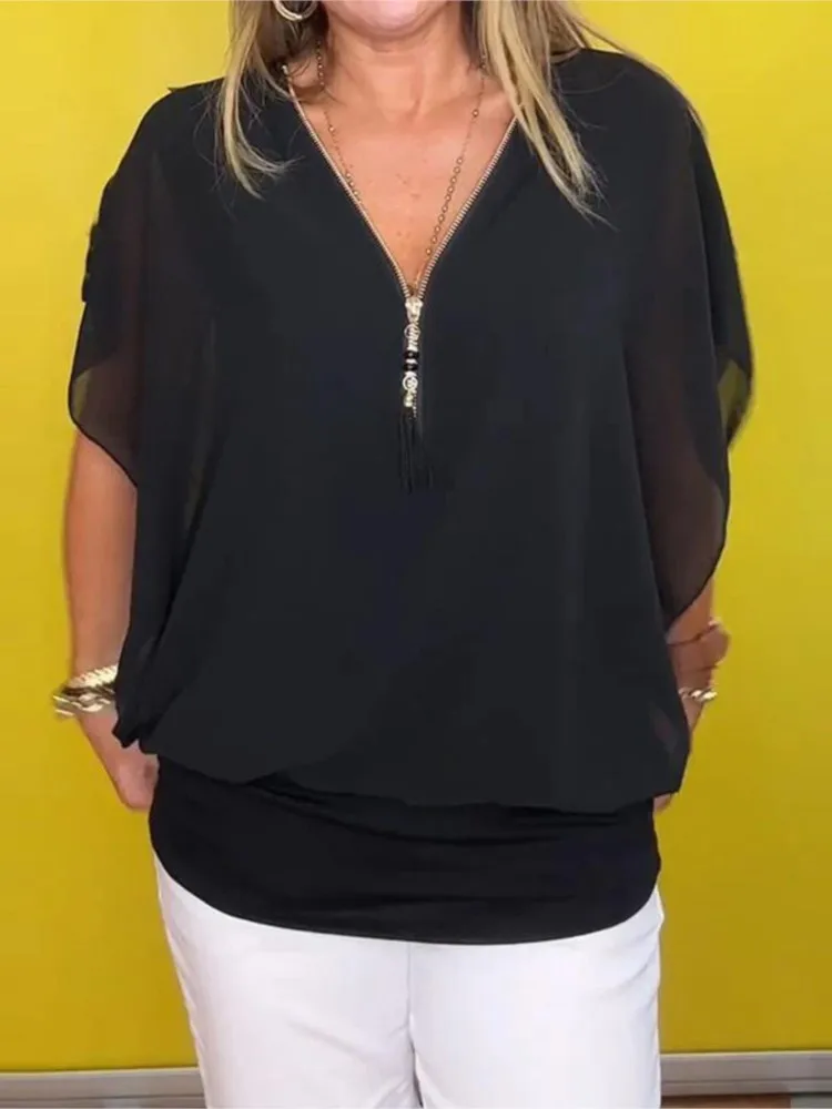 Women's Casual Chiffon Half-zip Short-sleeved Top Blouse V-neck Zipper Half Placket Batwing Sleeve Pullover Solid Loose Fit Tops