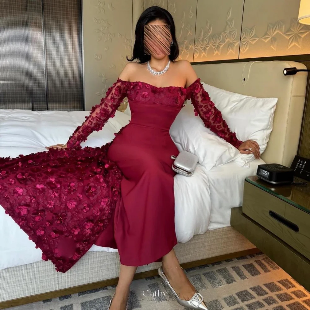 

Cathy Red 3D Flowers Lace Off the Shoulder vestidos de noche Long Sleeves Party Dresses Ankle-Length Customized Prom Dress 2024