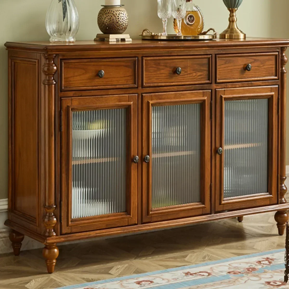 North American solid wood dining sid e cabinet double-layer shelf agai nst the wall integ ated stora ge