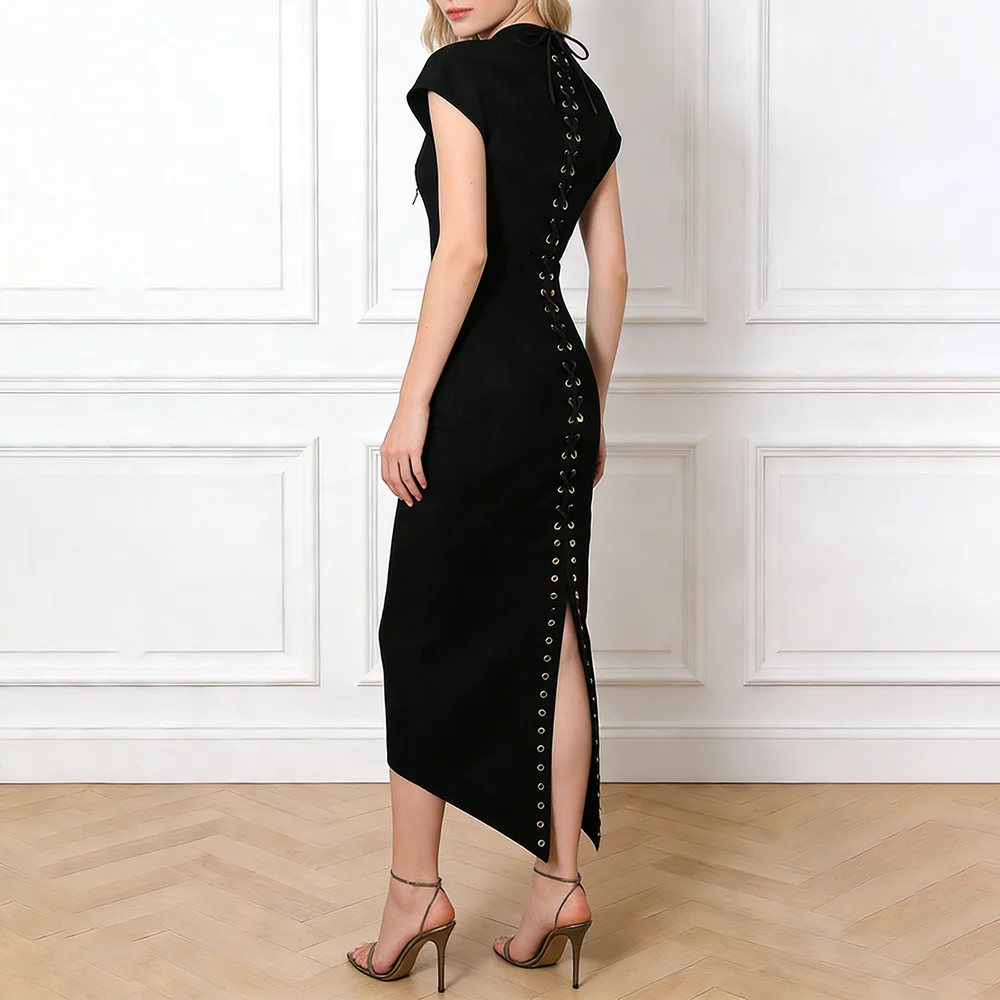 

Новое модное платье-туника для женщин с V-образным вырезом, короткими рукавами, разрезом и эффектом стройности