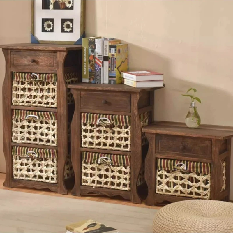 

Farmhouse Rattan Wooden Chest Eco-Friendly 5-Drawer Storage with Corn Husk Liners Carved Legs for Bedroom/Closet Organization