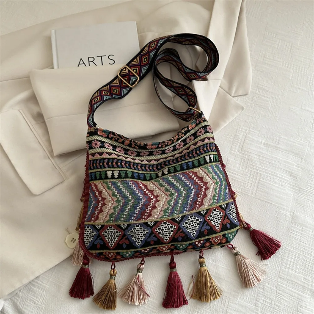 

Simple Cloth Ethnic Style Crossbody Bags Retro Printed Tassel Shoulder Bag Large Capacity Handbag Bohemian Messenger Bag Travel