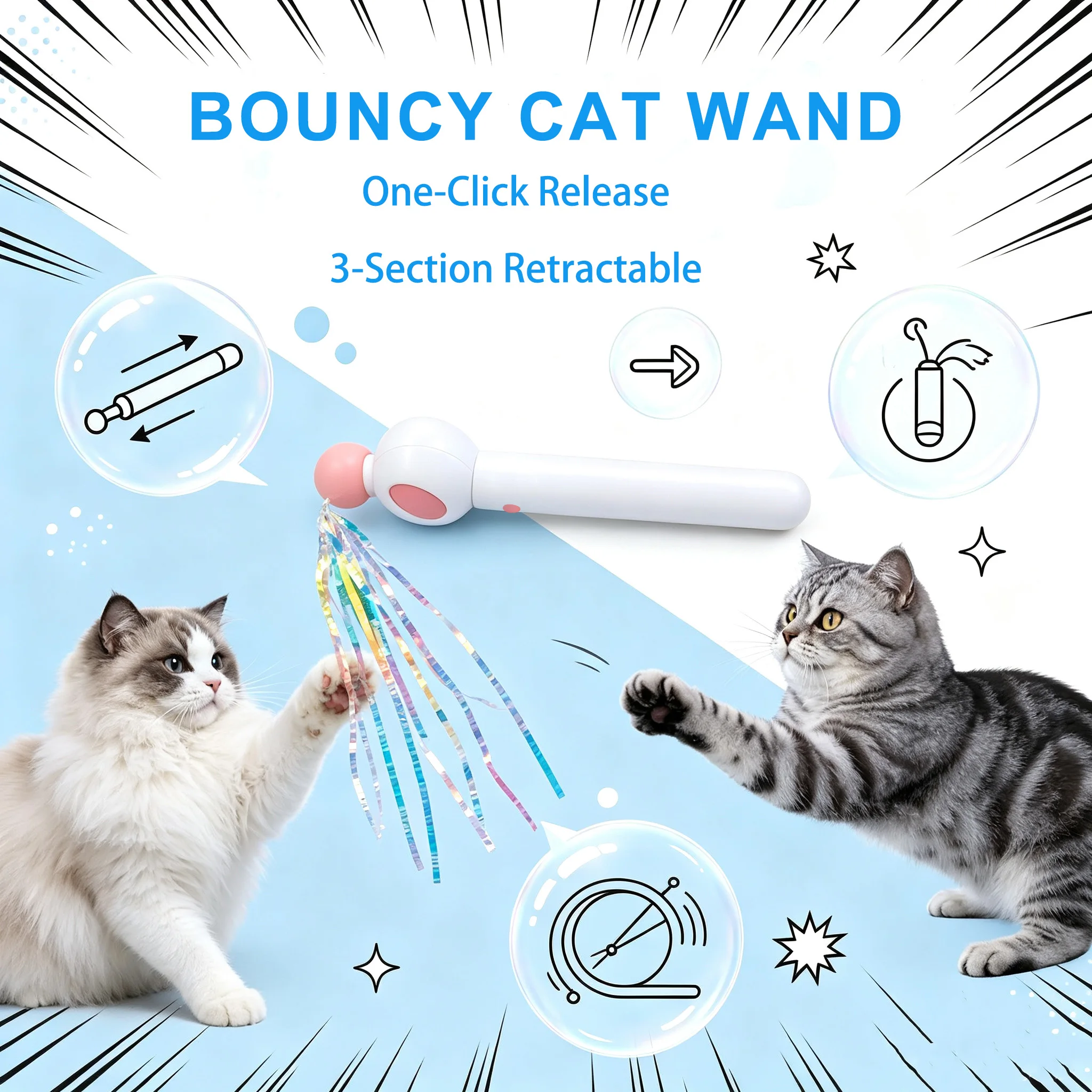 Interactive Cat Wand Retractable One Click Release Replaceable Head 100cm String Interactive Fun for Indoor Cats Kittens