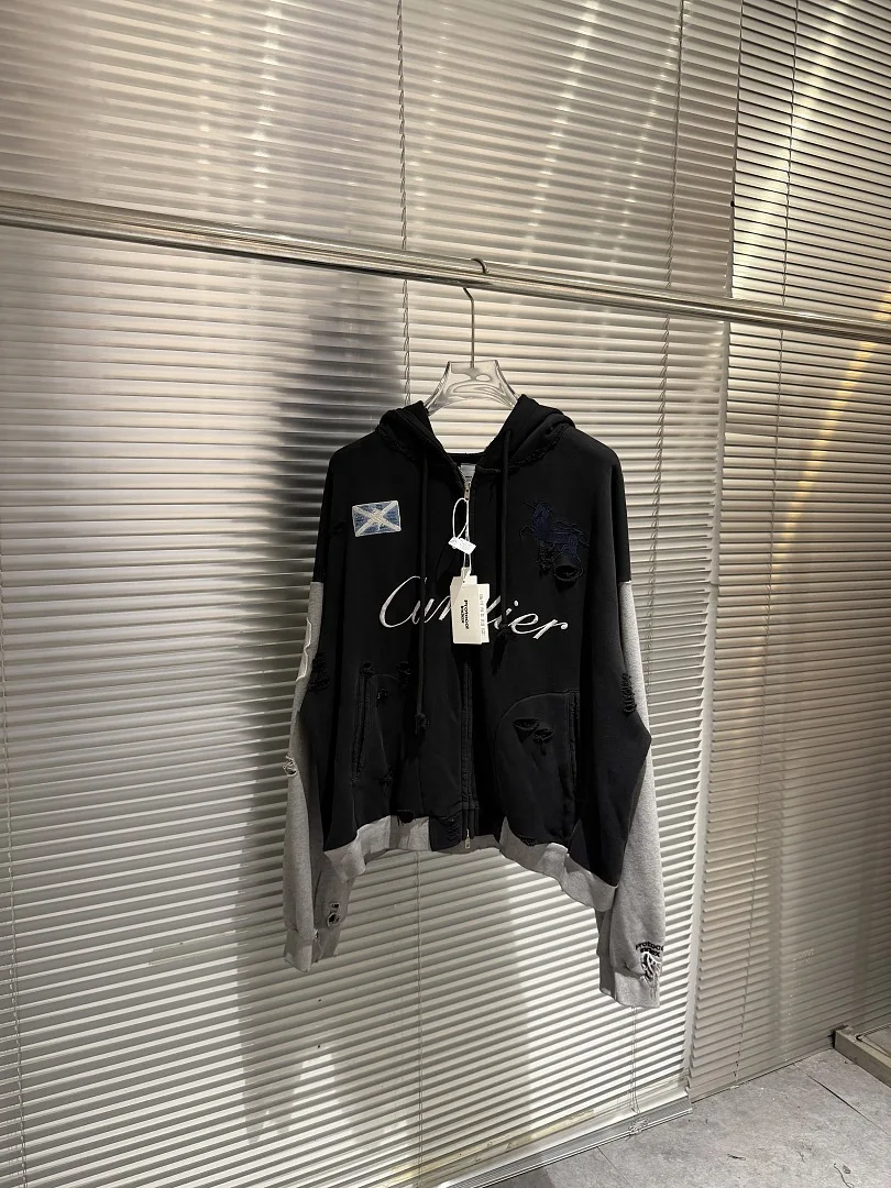 Fashion Brand Cropped Distressed Zip Up Hoodie Vintage Washed Patchwork Horse Unicorn Embroidery Destroy Jackets Hoodie