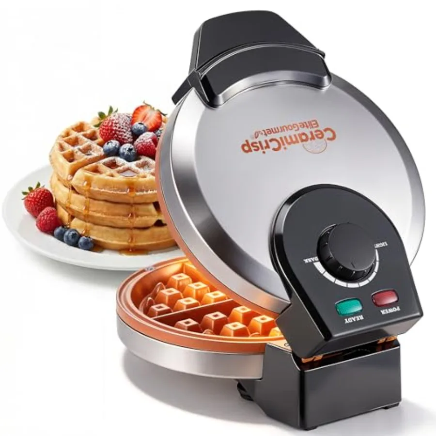 Belgian Waffle Maker with PFAS-Free CeramiCrisp™ Ceramic Nonstick Plates Adjustable Browning Control 1100W Heating Power and Re