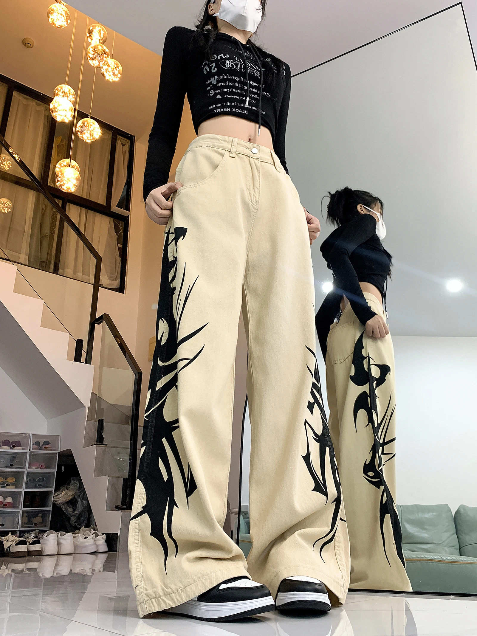 Damskie Khaki Y2k Print Jeans Harajuku Japanese 2000s Style Baggy Denim Trousers Vintage 90s Estetyczne spodnie jeansowe Tandetne ubrania