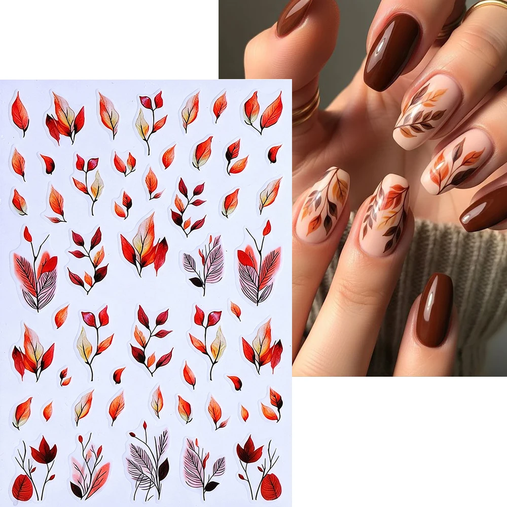 Autumn Fall Leaf Nail Art Sticker 3D Gradient Vintage Red Orange Maple-Leaf Self-adhesive Nails Decals Thanksgiving Nail Decor