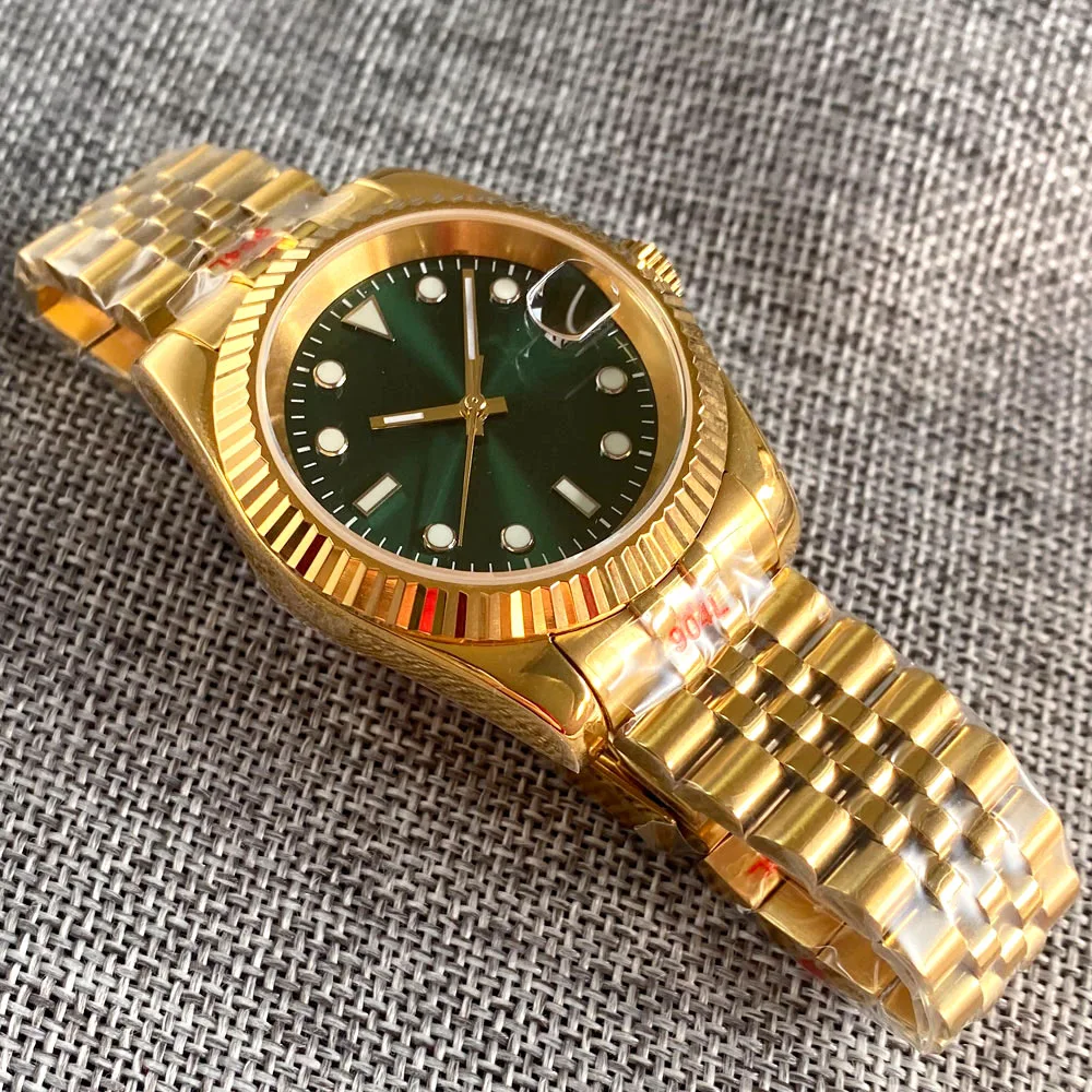 Day Date Fluted Yellow Gold Steel Watch for Men NH35 MIYOTA PT5000 Movement Sunburst Green 904L Bracelet 36mm 39mm Wristwatch