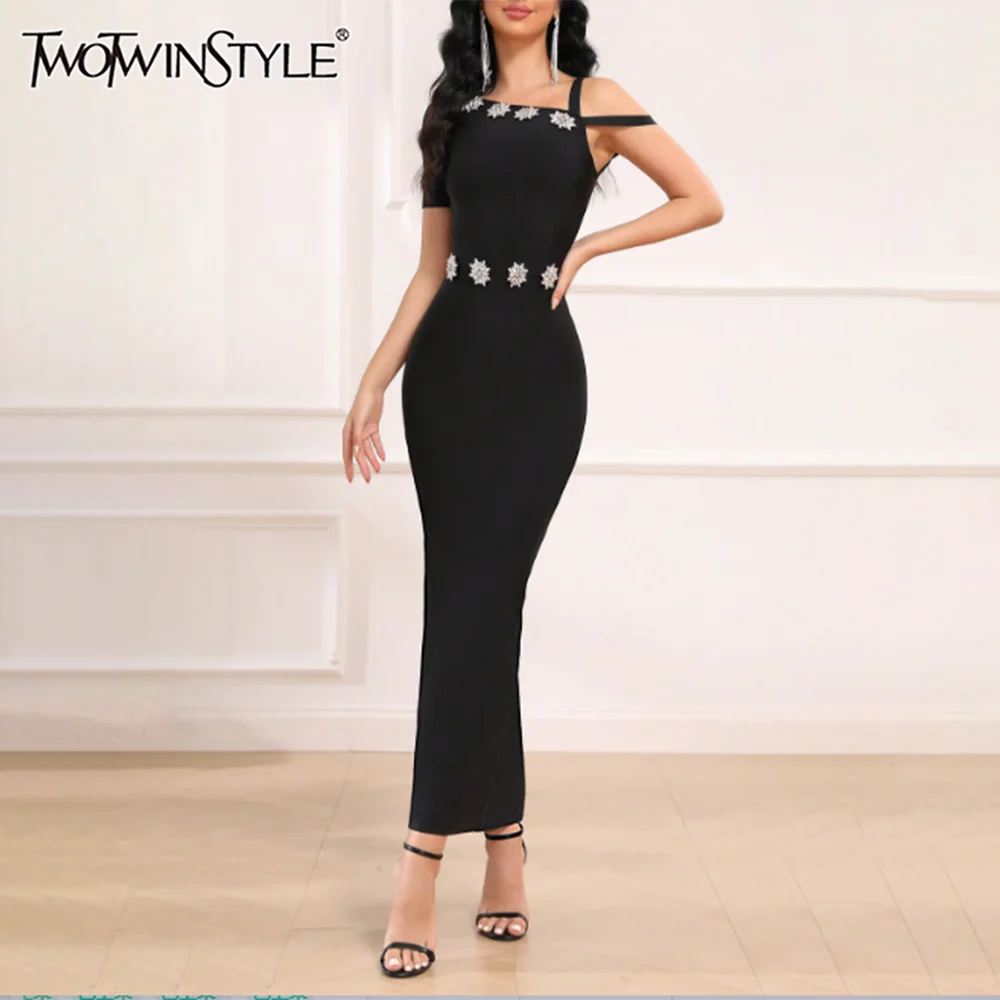 

TWOTWINSTYLE черные винтажные длинные платья из бисера для женщин с квадратным вырезом и открытыми плечами, платье с высокой талией, женская модная одежда