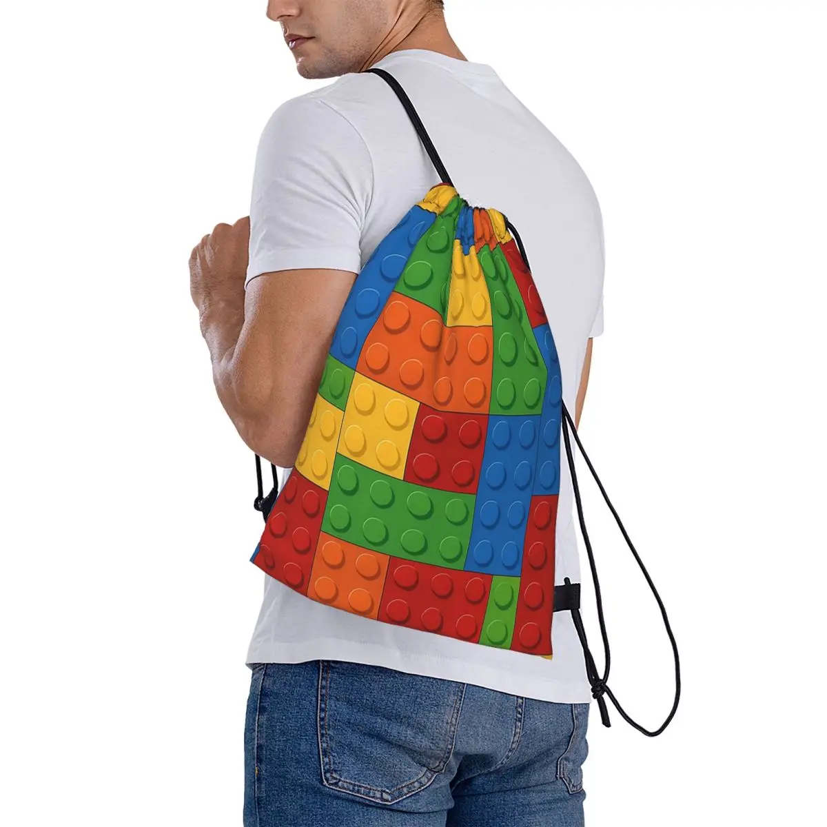 Colorful Building Blocks Backpacks Casual Drawstring Bundle Pocket Storage Bag Book Bags for Man Woman Students
