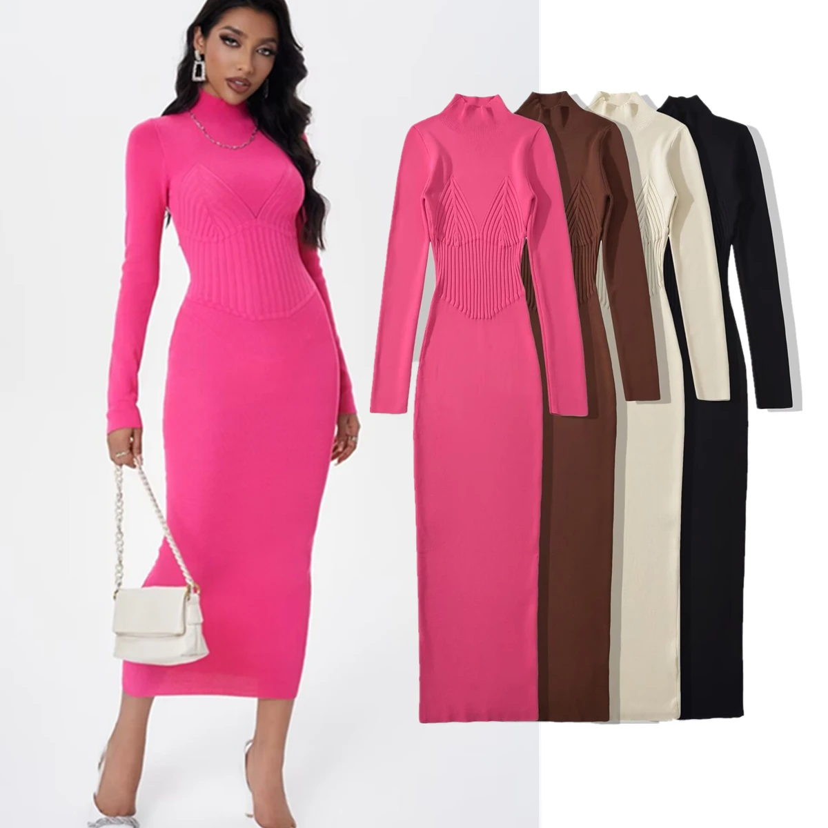 

Jenny&Dave 2024 Winter Dress Minimalist Solid Color Women's Knitted Dress With Textured Long Sleeved Slim Fit Dress Women