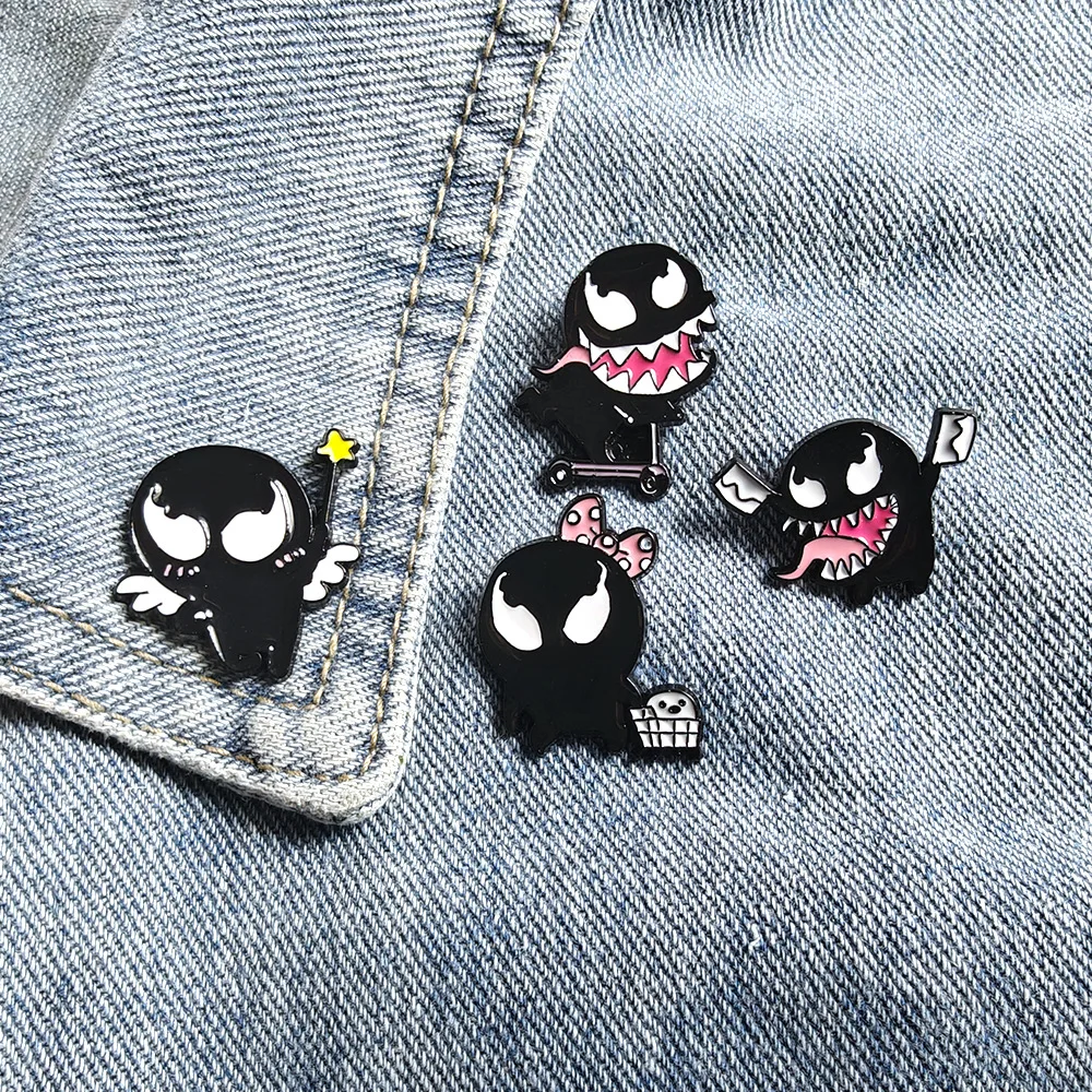 4pcs Enamel Pins Set Cartoon Black Monster Brooch Lapel Pin Badges for Schoolbag Hat Clothes Decor  Prop halloween Party Favors