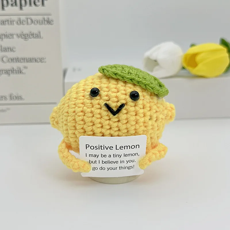 Cute Handmade Knitted Positive Lemon Fruit Doll With Card Home Room Decoration Funny Wool Crochet Lemon Desktop Ornament Gifts