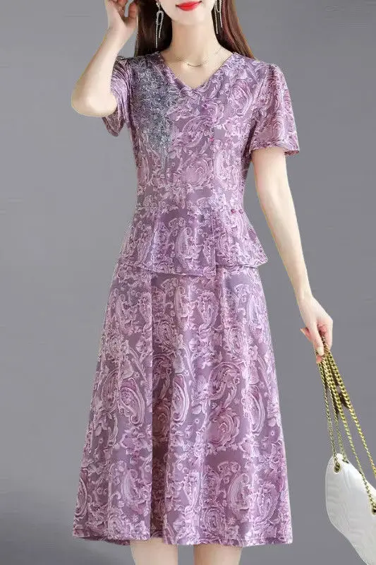 

Elegant Two-Piece Style Women's Short Sleeve Dress for Middle-Aged and Elderly Summer
