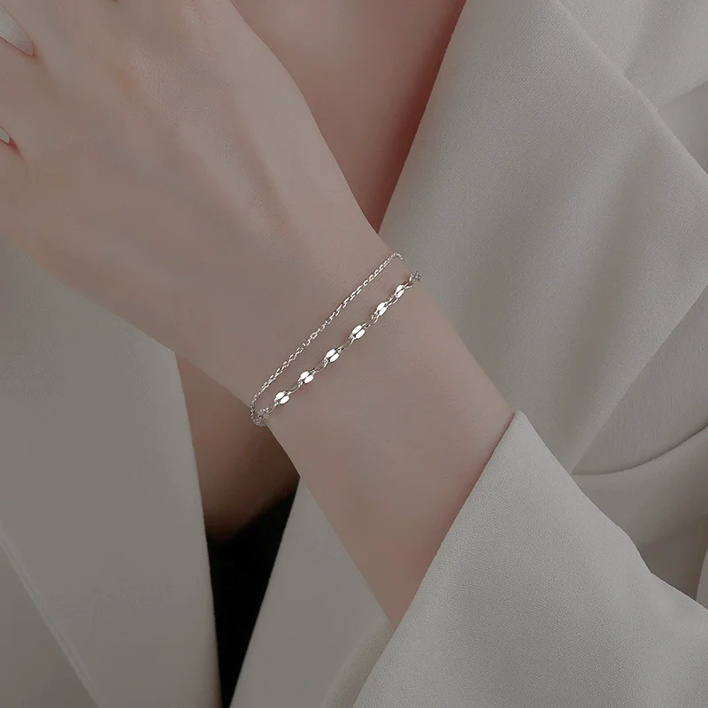 Fashion Elegant O Shaped Sequin Chain Double Layers Bracelets 925 Sterling Silver Jewelry Women Gift Sexy Multilayer Hand Chain