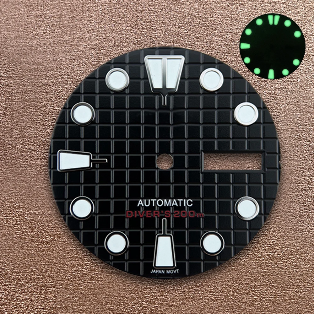 28.5mm S Logo Waffle Dial Fit NH36/4R36 Movement Green Luminous Dual Calendar Watch Modification Accessories