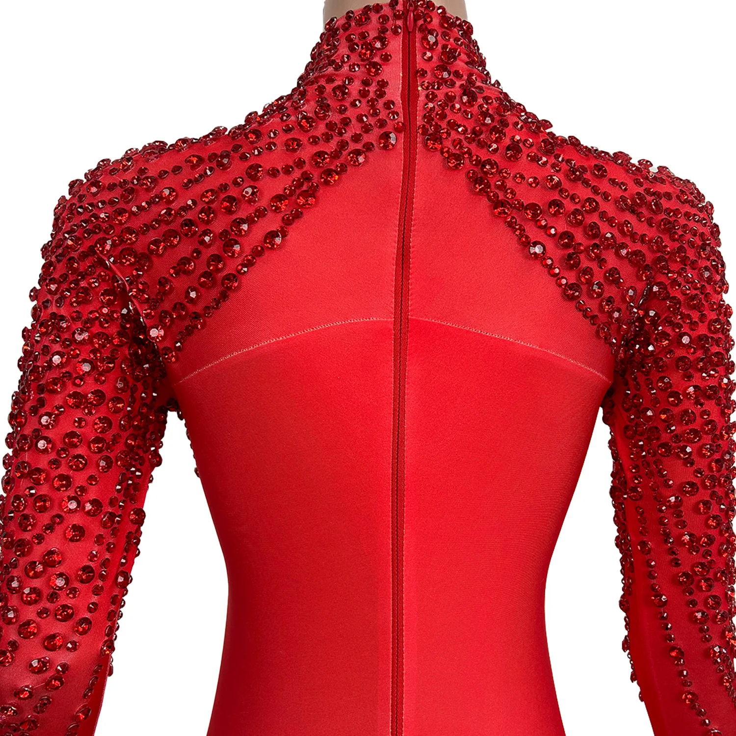 High Elasticity Large Sized Women Jumpsuit Shiny Red Shawl Rhinestone Tight Pants with Glove Acrobatic Pole Dance Costume pijian
