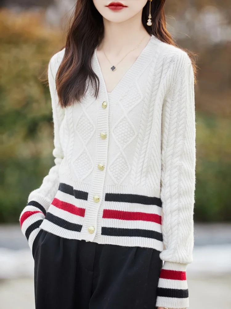 New Chic Twist Flower Women Sweater Long Sleeve V-neck Cardigan 100% Merino Wool Soft Warm Cashmere Knitwear Korean Fashion Tops