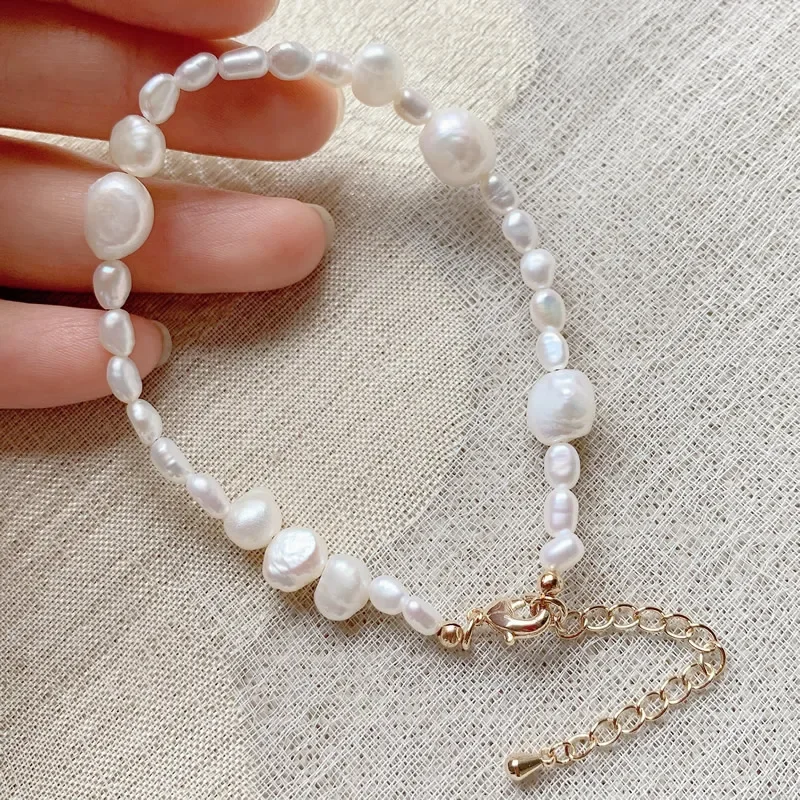 4-10MM Rice Irregular Nuggets Stone White Baroque Pearl Bracelets for Women Briidal Wrist Natural Freshwater Pearl Bracelets