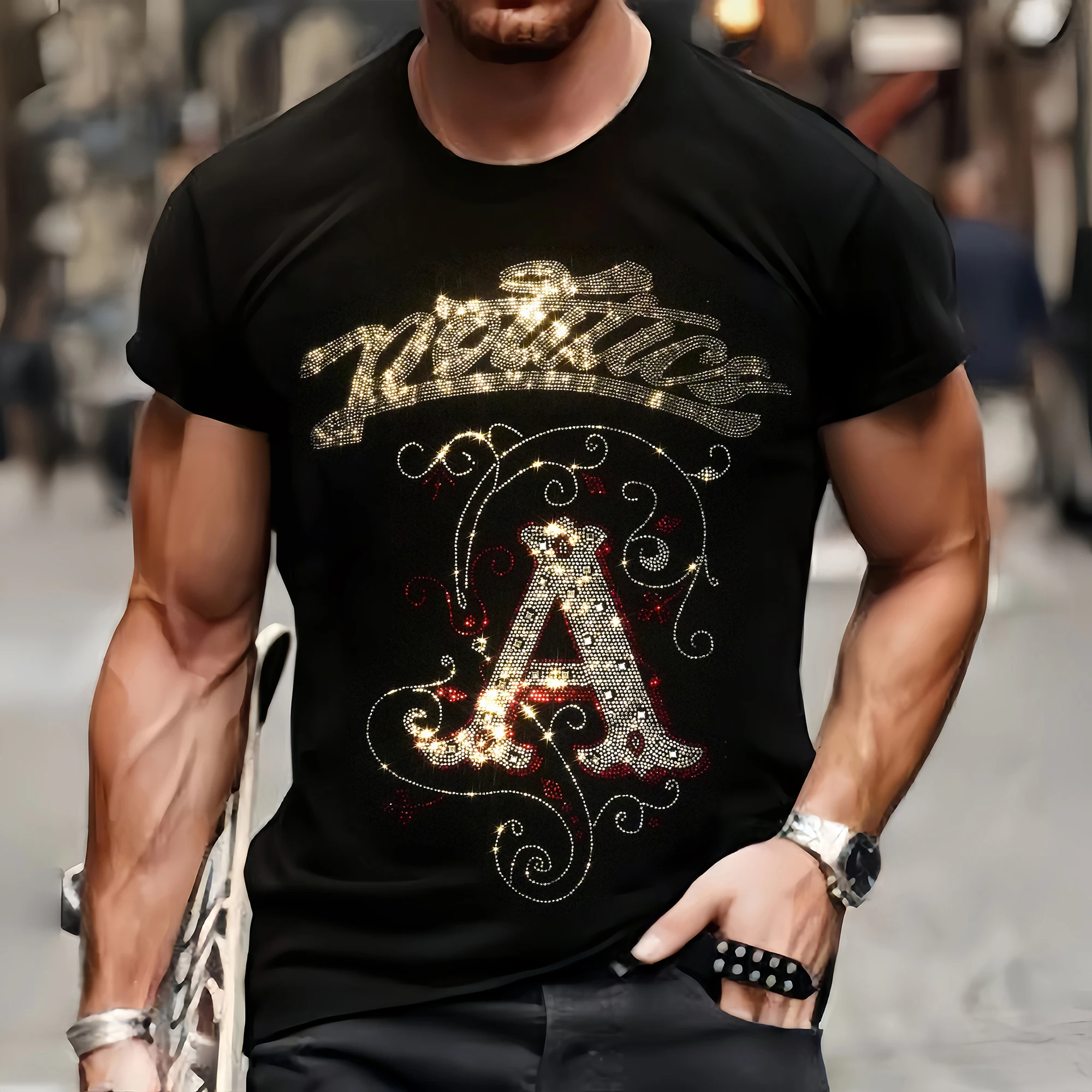 Luxury Mens Quality T-Shirts Summer Casual Street Short Sleeve Clothing Tee Tops O-Neck Letter Rhinestone Party Tshirt Y2k New