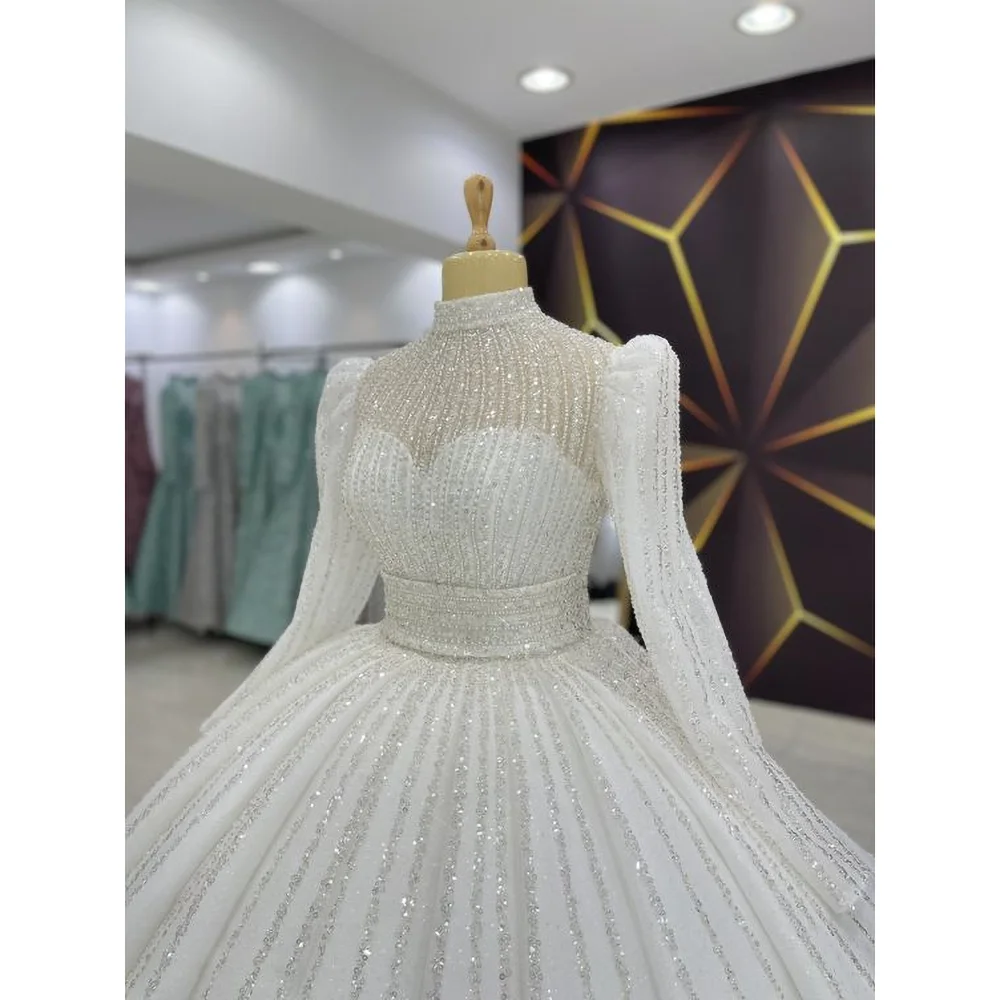 STEVDITG Luxury Beads Sequined Wedding Dress White Elegant High Collar Long Sleeves Ball Gowns Fashion Sweep Train Bride Dress