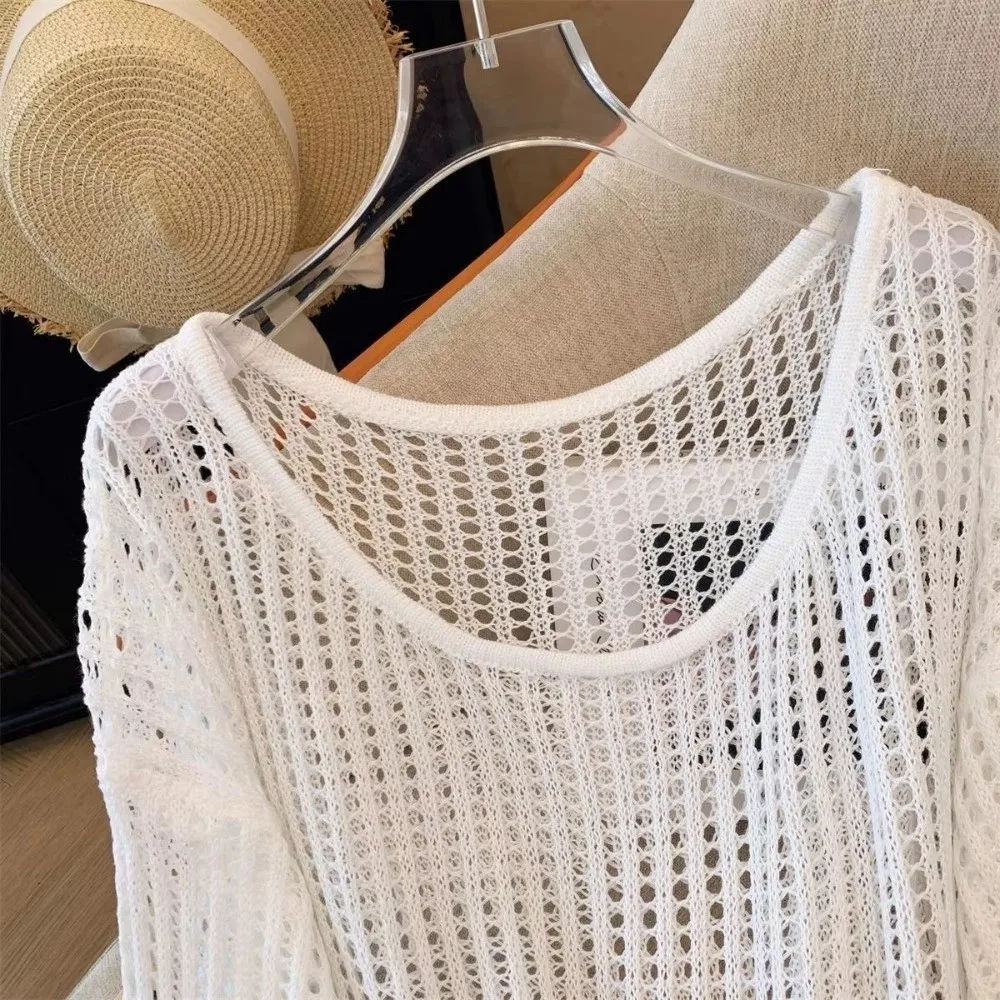 New Hollow Out Long Sleeved Top Solid Color Knitted Round Neck Pullover Versatile Loose Sun Protection Blouse Summer