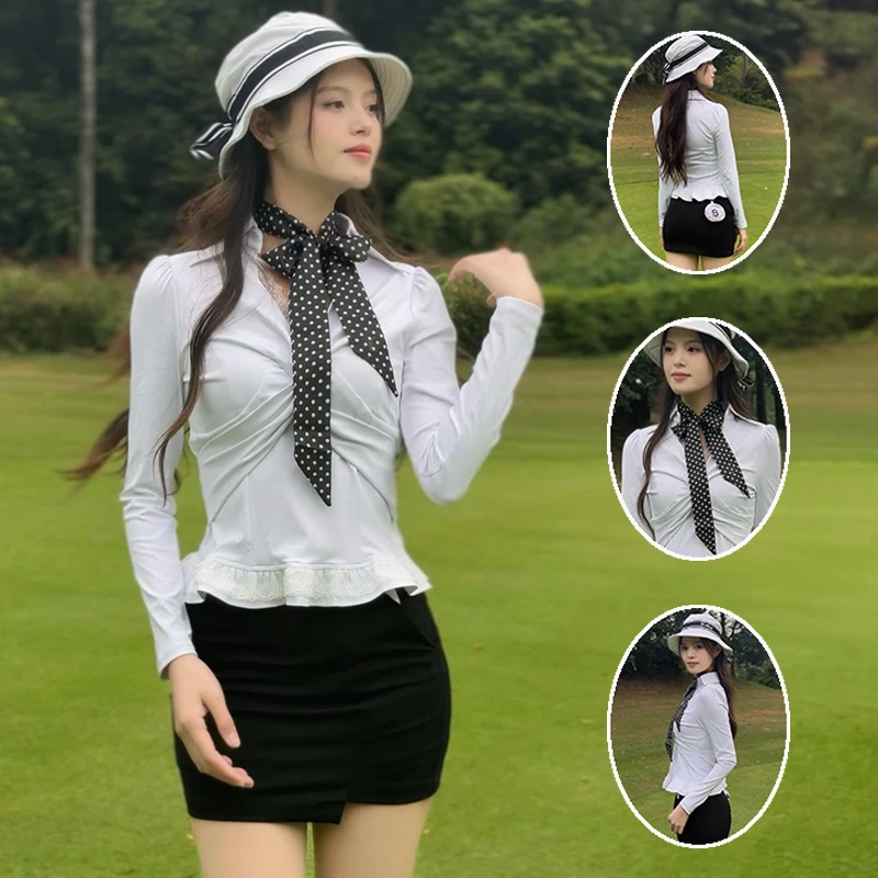 SG Golf Women V-neck Shirts Ruffle Lace Long-sleeved Slim Top Twisted Sexy T-shirts Spring Ladies High Waist Tennis Pencil Skirt