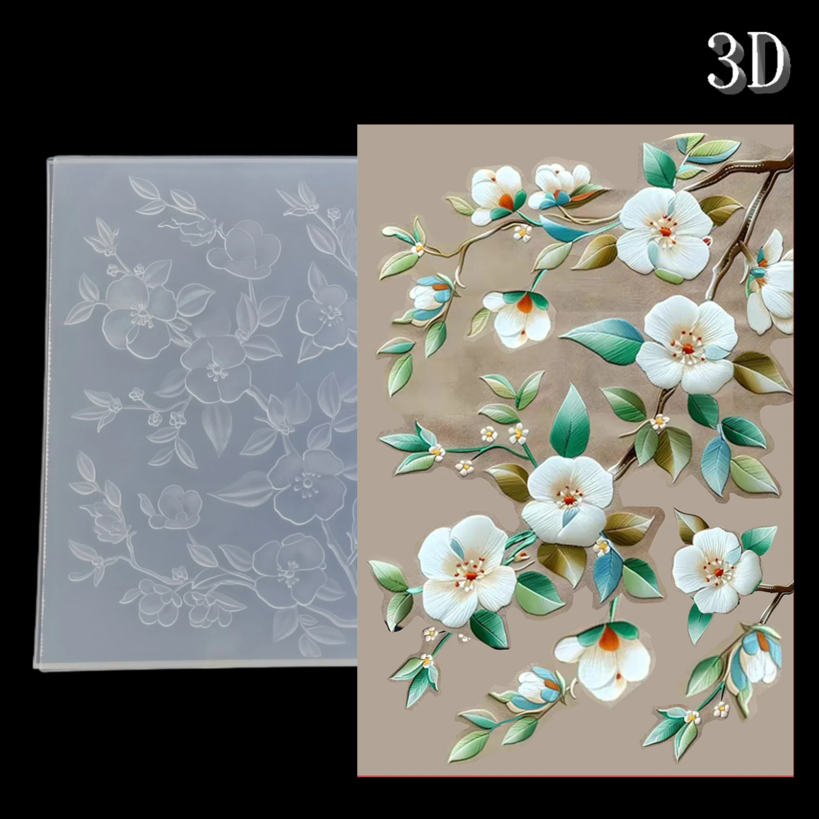 1-teiliger 3D-geprägter Ordner, transparente Kunststoffstruktur, elegantes Blumenzweig-Designmuster, DIY-Scrapbook, dekorativer Karton