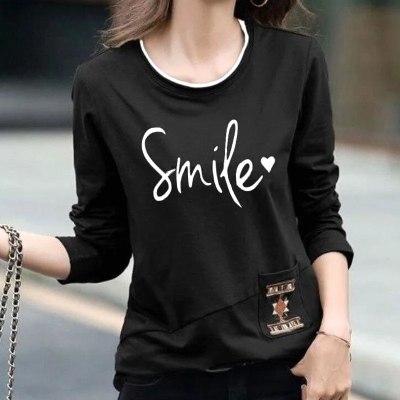 Causal O-neck Letter Print Skinny Long Sleeved T-shirts Fashion Spring Autumn Simple Comfortable Cotton Top Women\'s Clothing