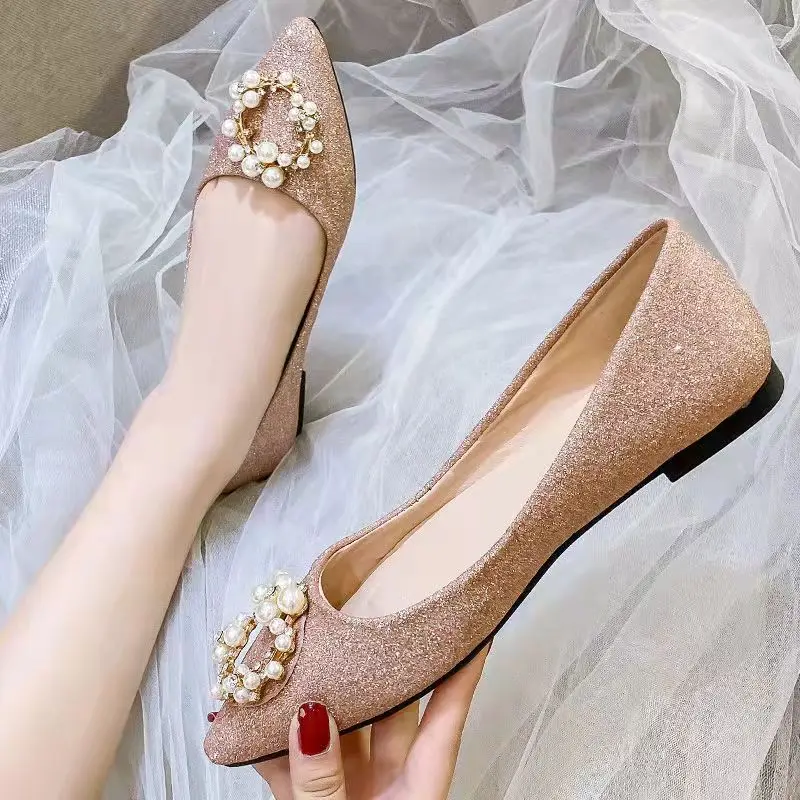 Pearls Wedding Shoes Woman Luxury Gold/silver Glitter Flats 33-44 Big Size Bride Shoes Pointed Toe Chaussure Femme Premium Shoes