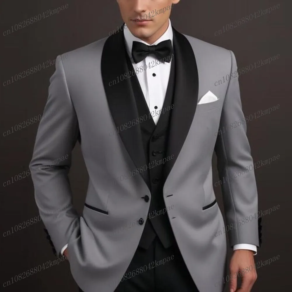 

New Grey And Black Men Suit Formal Occasion Groom Groomsman Wedding Party Prom Male Tuxedos 3 Piece Set Blazer Vest Pants