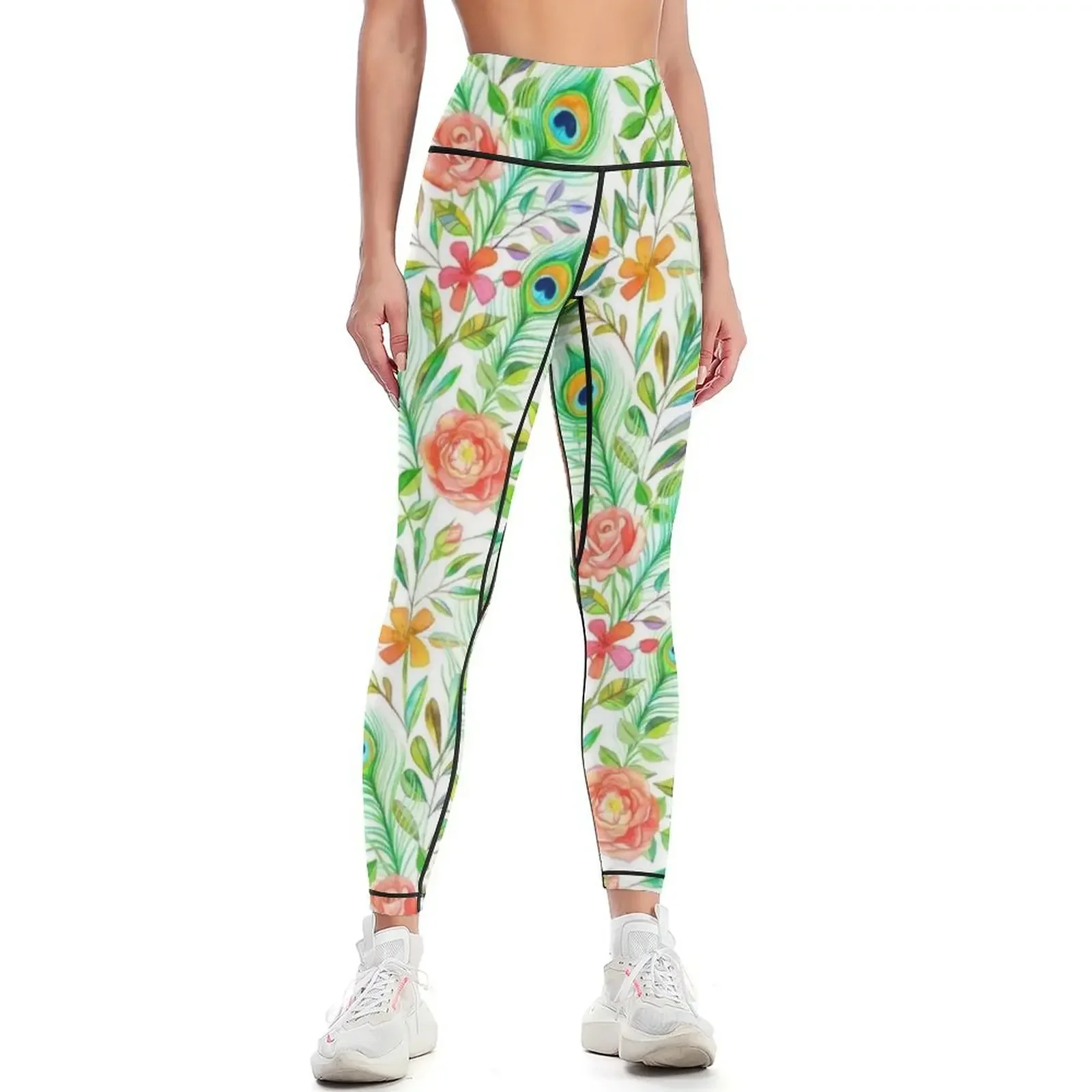 

Peacock Feather Posies on white Leggings Women's tights fitness set gym high waist sports tennis for Womens Leggings