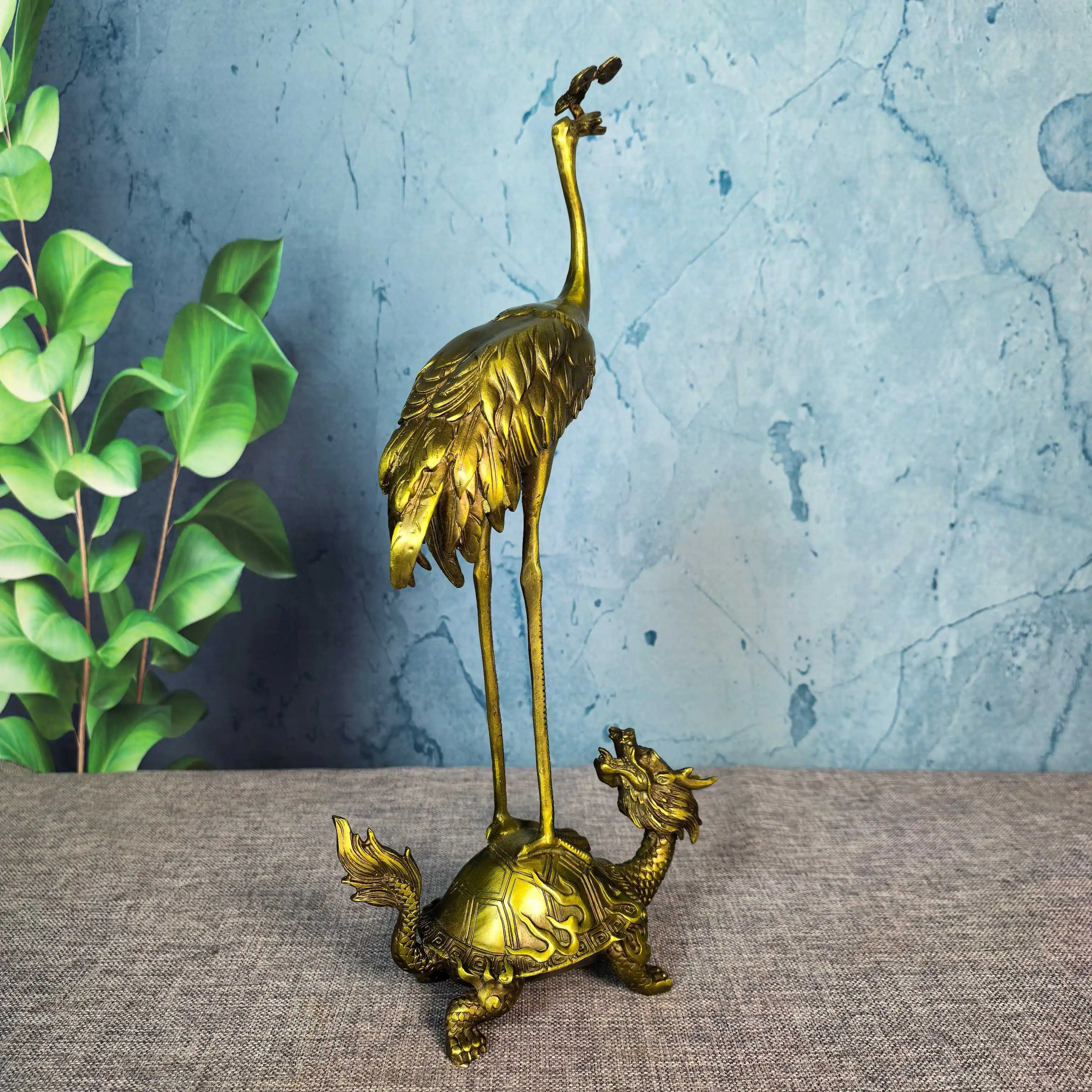 Elegant Brass Dragon Tortoise and Crane Figurine – Exquisite Desktop Decorative Sculpture Home Décor Artisan Craftsmanship