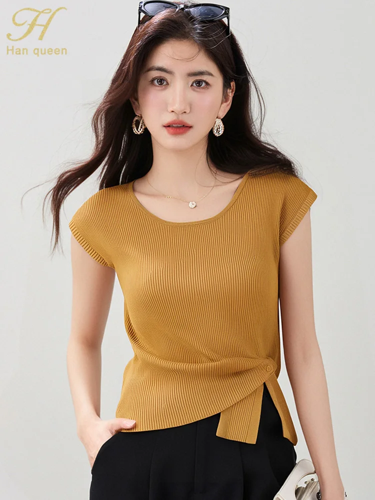 

H Han Queen 2025 Summer Clothes Fashion Irregular Korean Chic Simple Basic Pullover Sweater For Women Tops Short Sleeve Knitwear