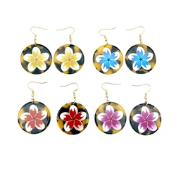 Tortoiseshell Dangle Earring WIth 4 Colors Plumeria Flower Printed For Island Women Girls Drop Style Earrings