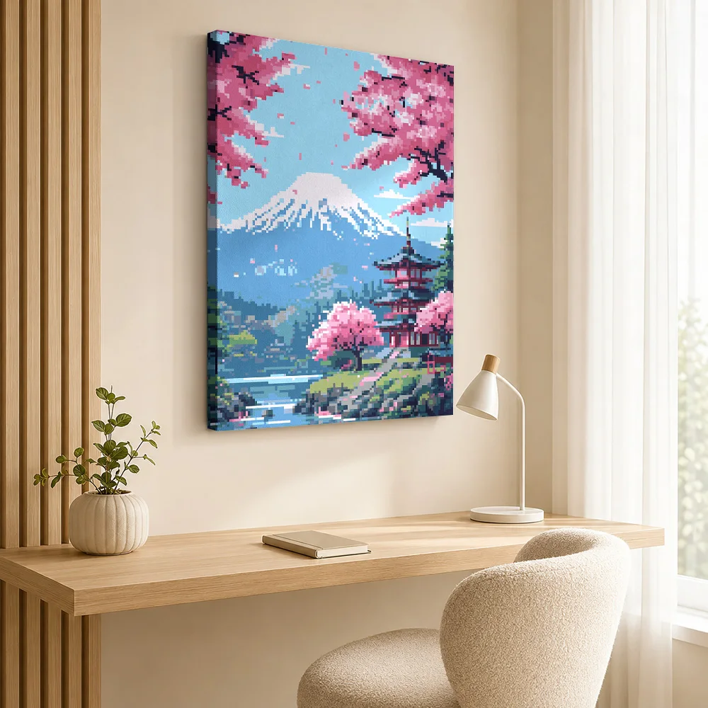 Japan mount fuji Pixel art Framed Canvas Poster Personalized Photo Japanese Inspired Wall Paintings Decoration for Living Room
